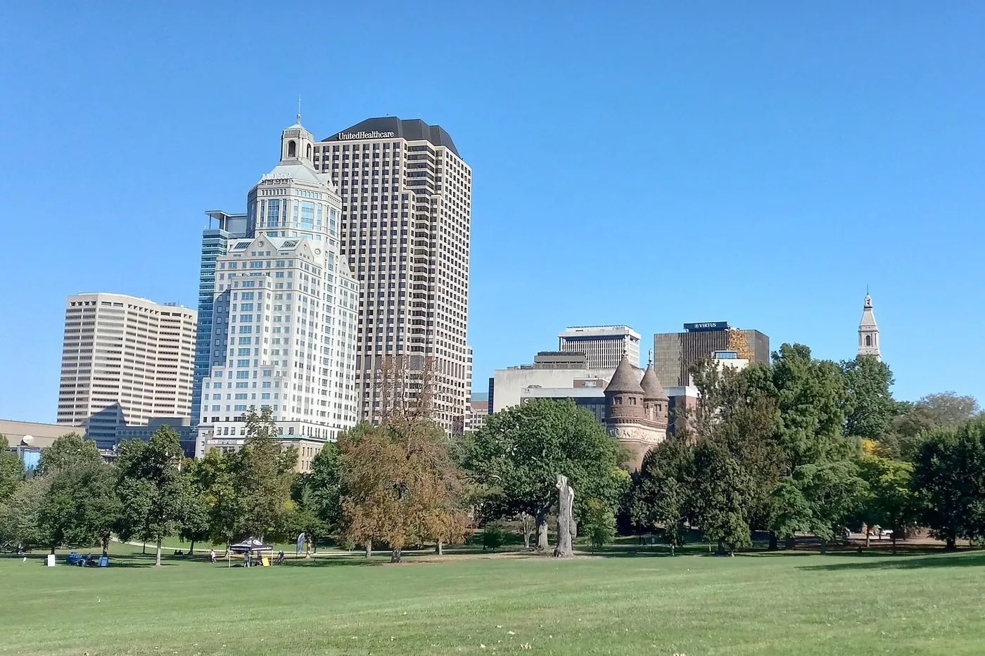 The Hartford skyline above the green at Bushnell Park