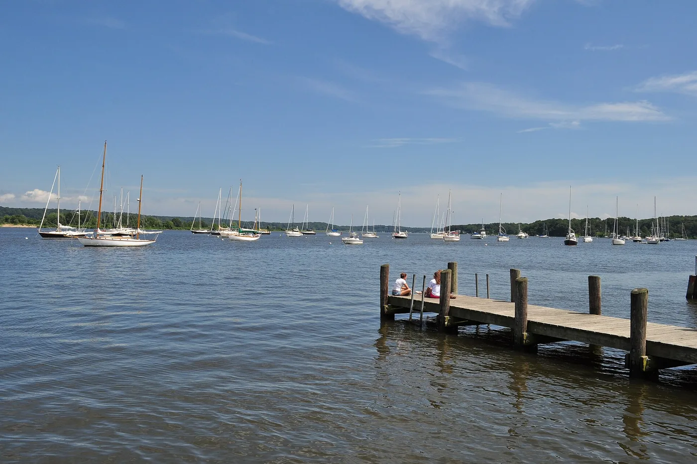 Sailboats moored in Essex harbour on the Connecticut River