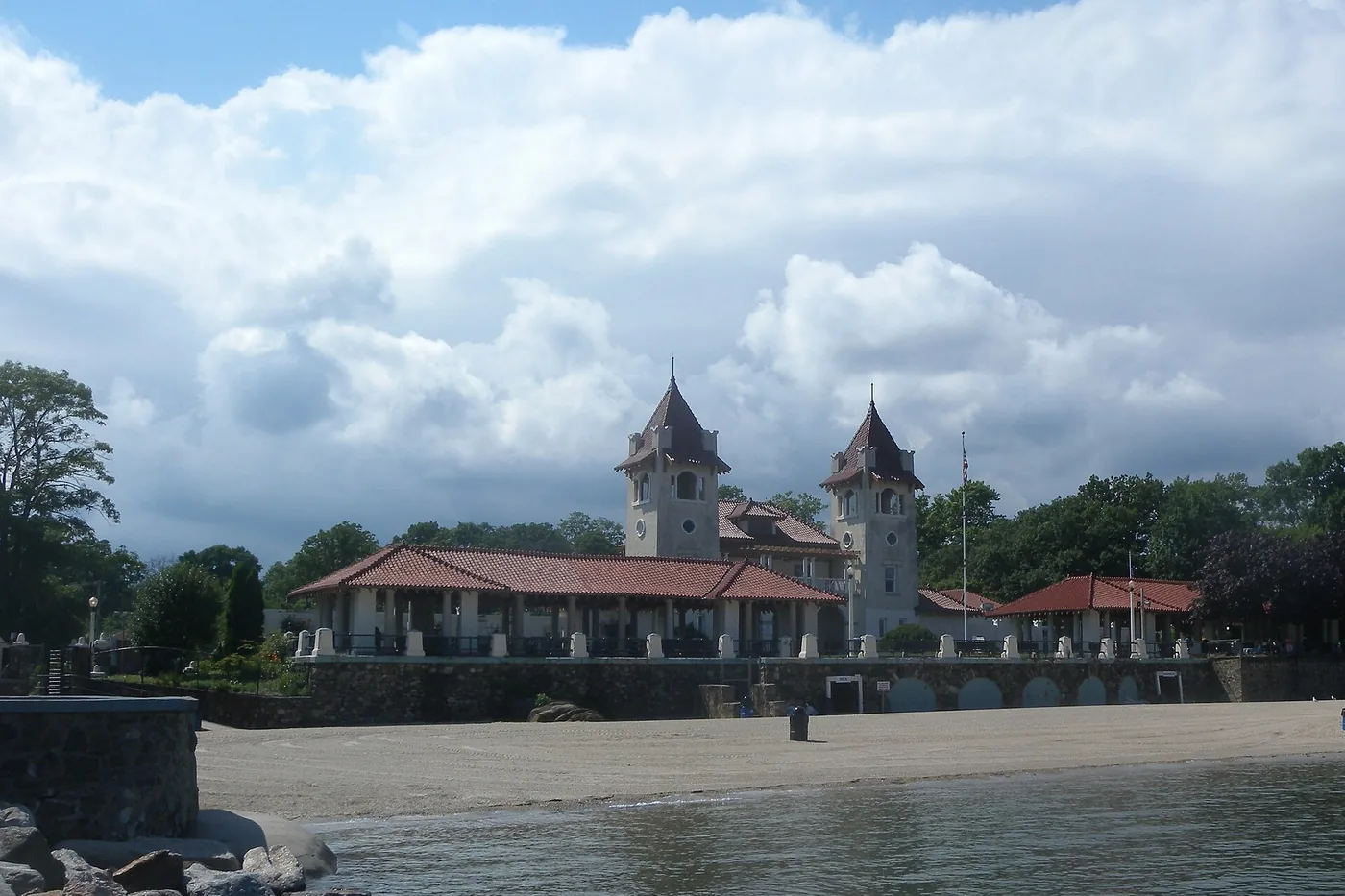 The bathhouse and beach at Rye Town Park, New York