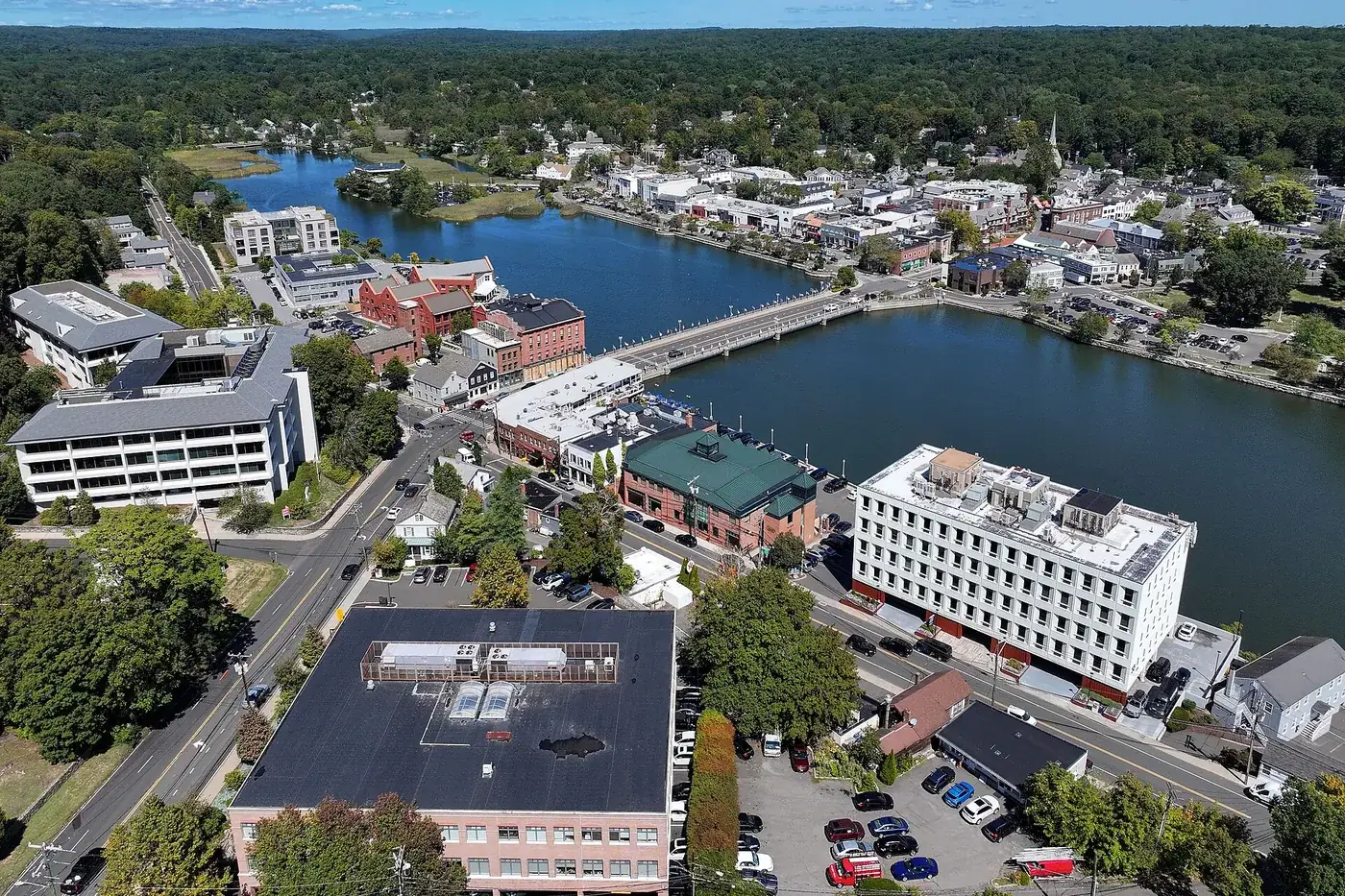 Westport, Connecticut, from above, with the Saugatuck River running through the town centre